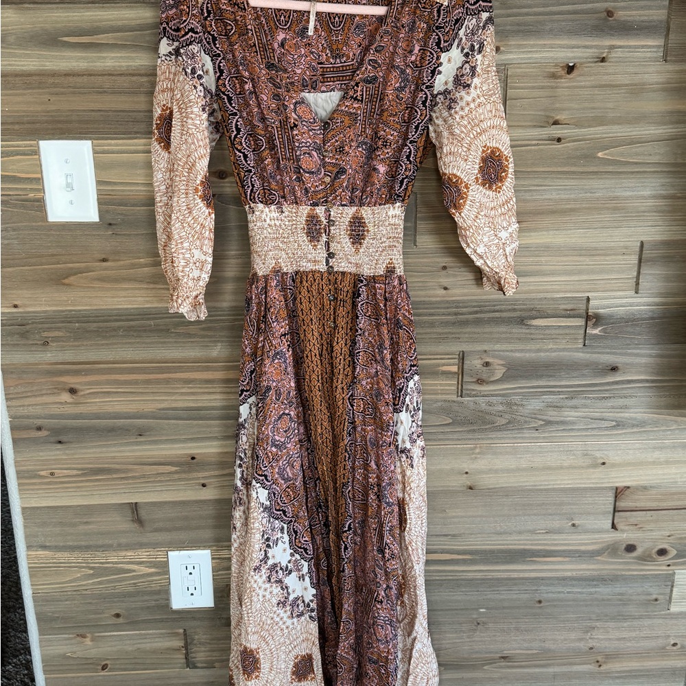 Free people Mexicali Bohemian Maxi Dress in Brown and Cream size small